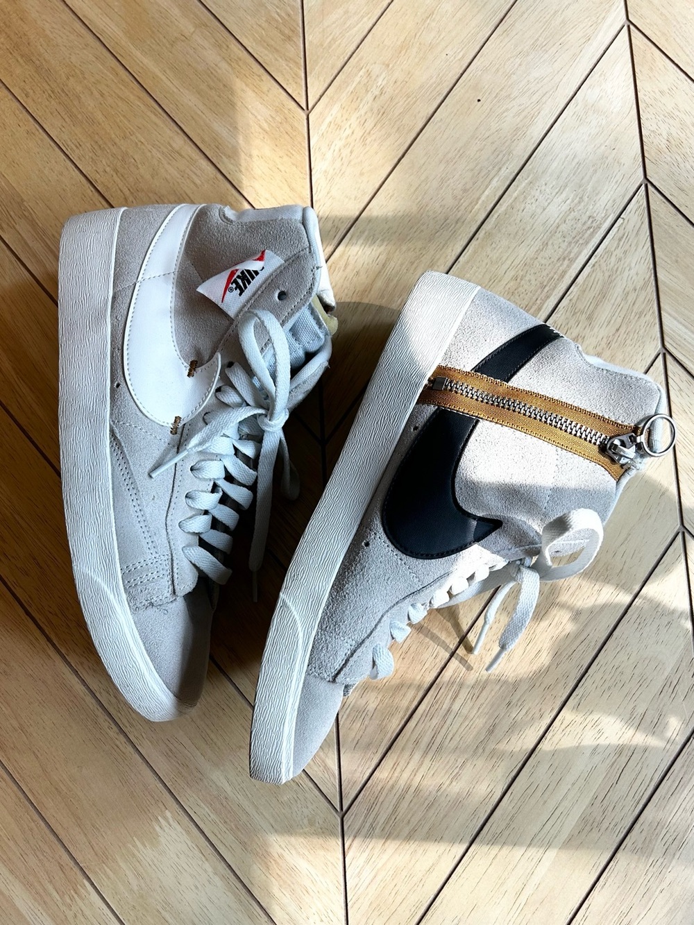 Nike Mid-Top Suede Sneakers in Light Gray with Black Swoosh and Tan Zipper